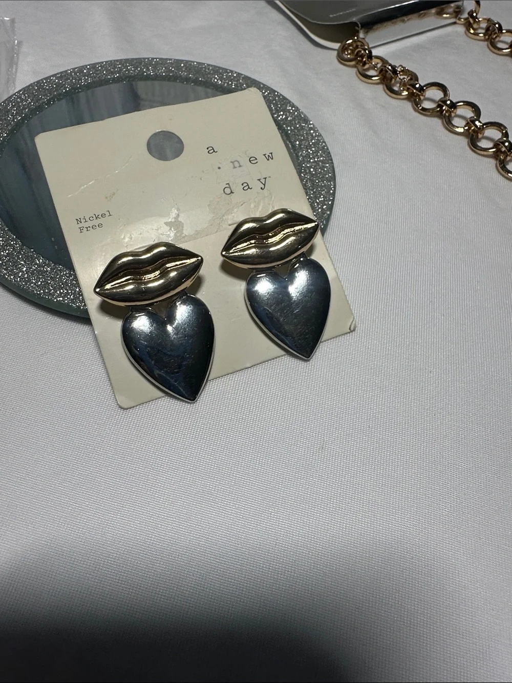 a new day Two-Tone Gold Charm Necklace with Silver Crystal Charms & earrings NWT